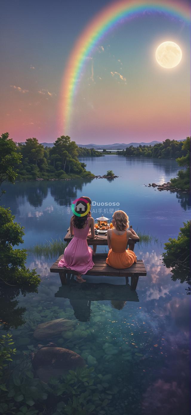 湖畔梦幻双姝：雨后彩虹下的宁静早餐时光