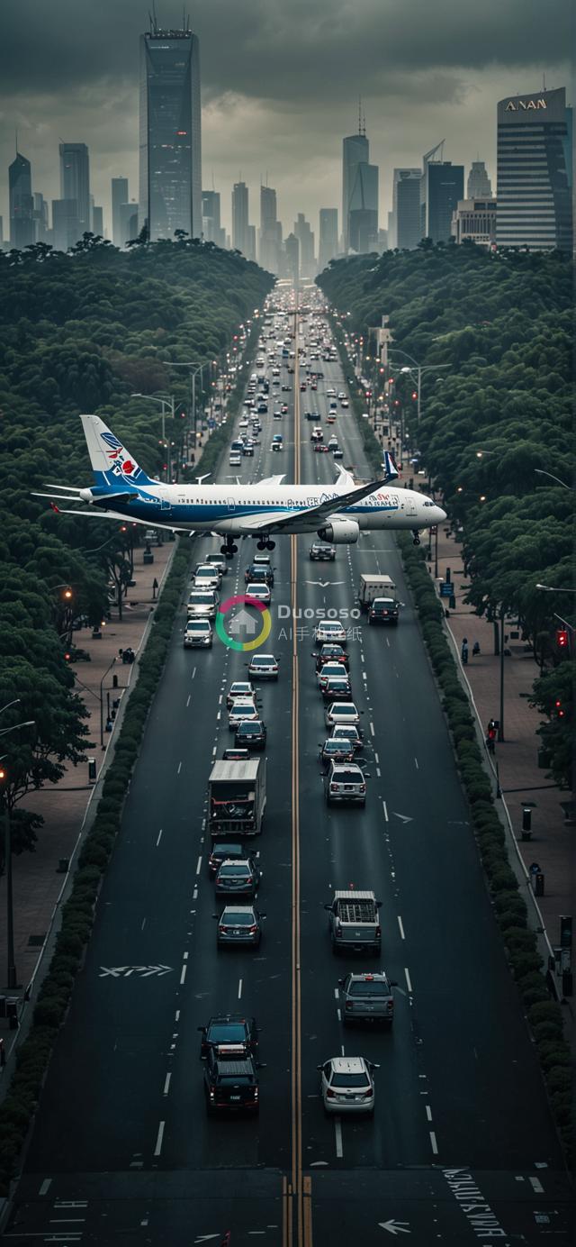 俯瞰繁忙都市街头低飞飞机的壮观画面