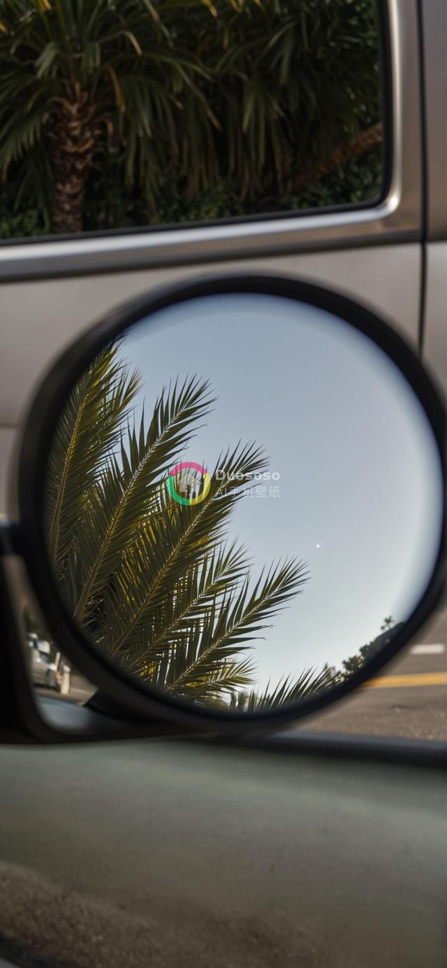 车内视角捕捉车窗侧镜中的棕榈树倒影