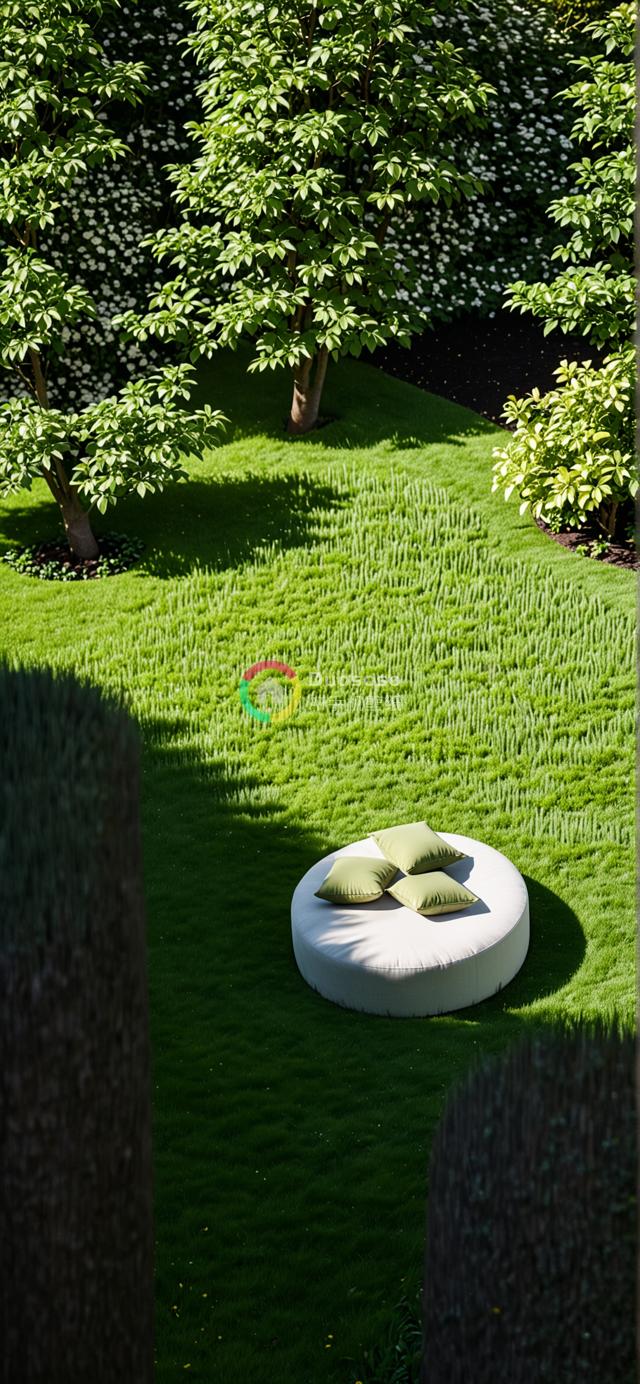 高角度俯瞰现代白色圆形户外休闲椅与绿意盎然花园景观