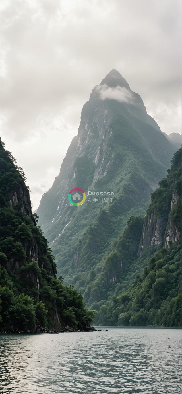 神秘雾霭中雄伟山峰与宁静湖面的绝美风光