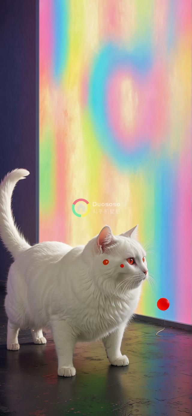 白猫迷醉红气球：一幕充满好奇与趣味的视觉碰撞