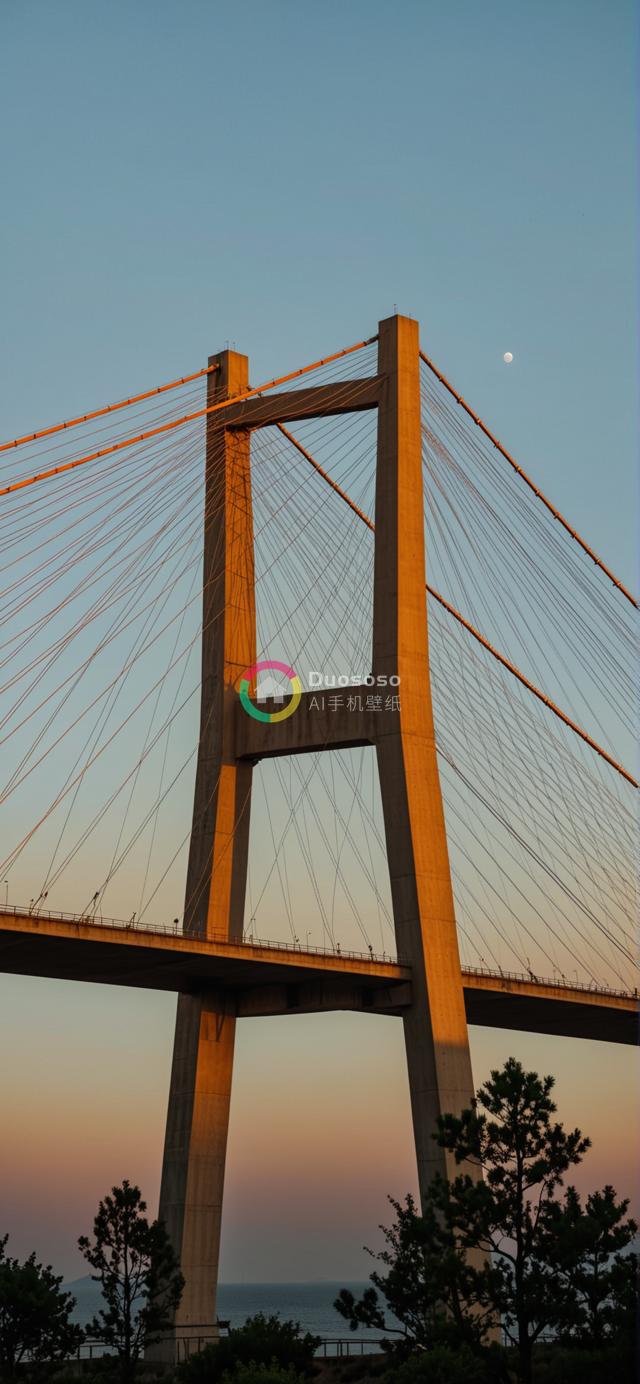 暮色天际下壮观的桥梁剪影摄影：聚焦中心支撑与绚丽晚霞