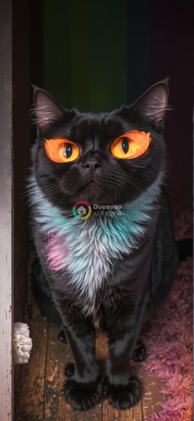 橙眼蓬松黑猫魅力照：室内深情凝视，胸前彩绘如艺术