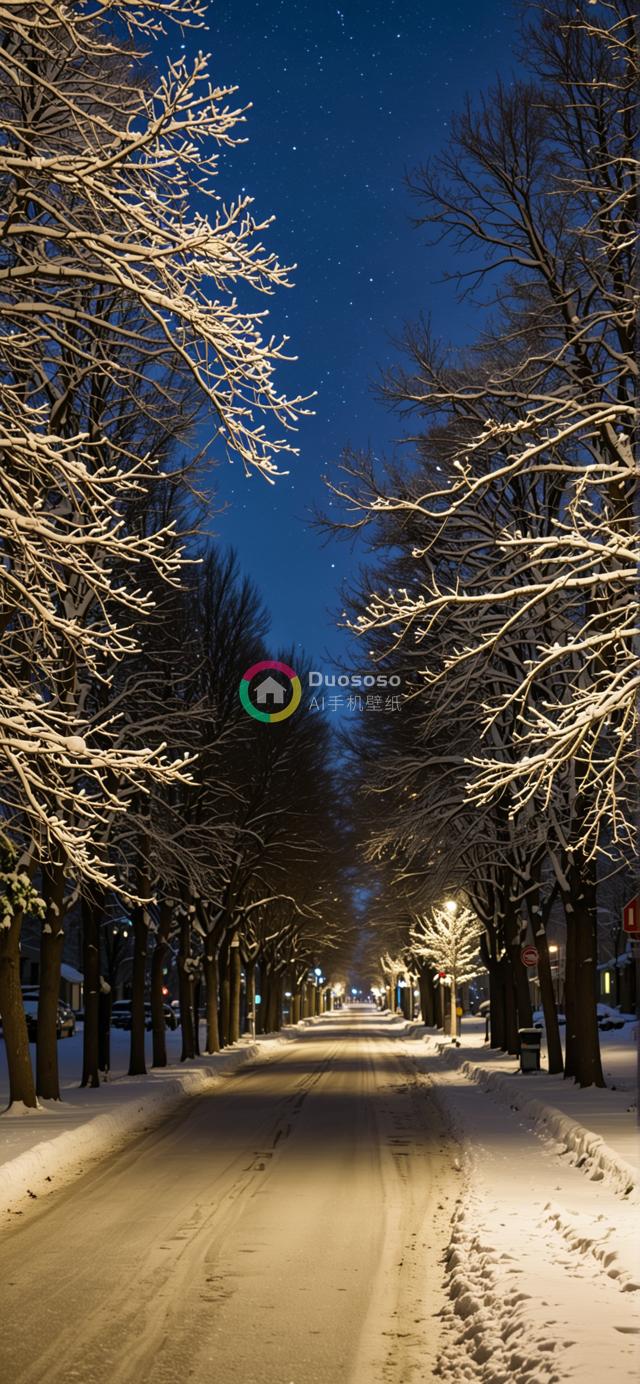 夜色中雪覆盖的街道摄影：街灯映照下的树枝与星光点缀的夜空