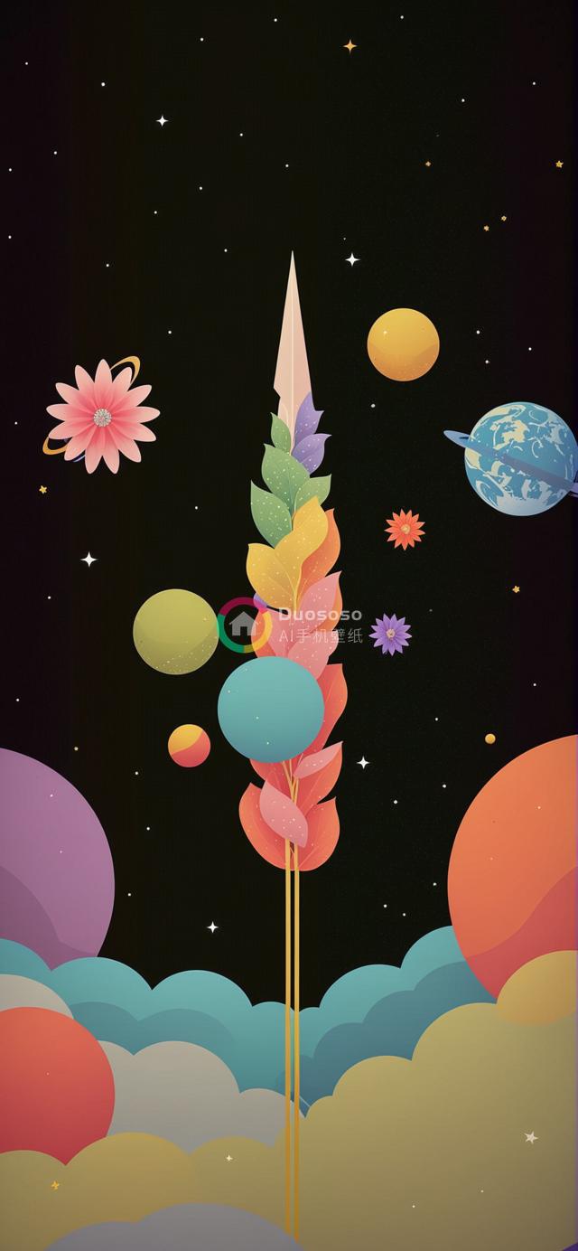 梦幻环保火箭夜空之旅：星光下的斑斓叶舟与异彩行星