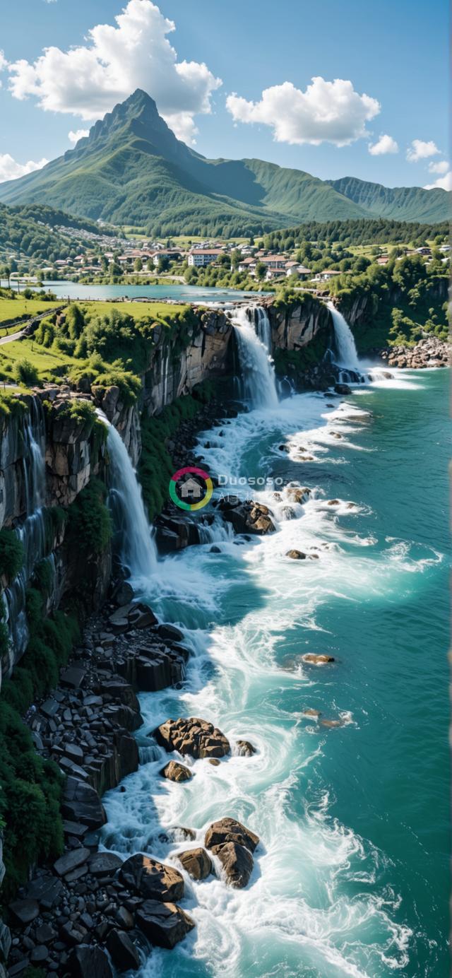 “绝美瀑布映碧池，山村湖畔绘壮丽自然画卷”