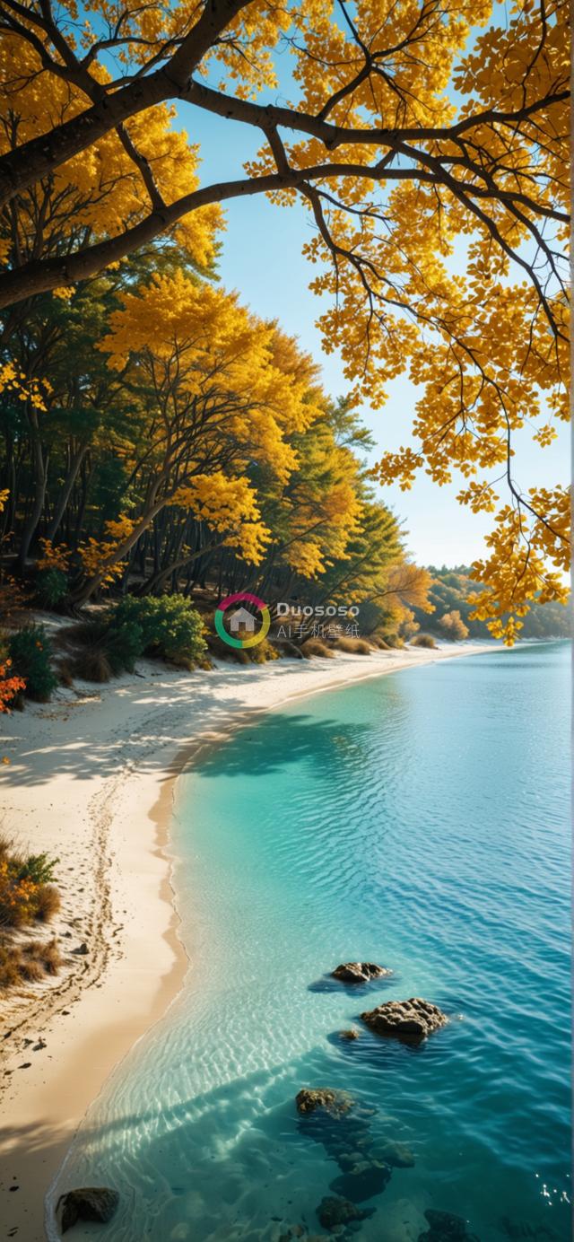 金色秋叶背景下，宁静私密的海湾白沙滩摄影