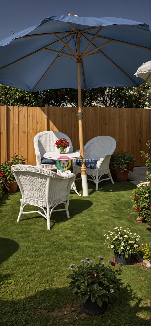 绿茵丛中白色藤编座椅与彩花环绕的迷人户外休憩空间