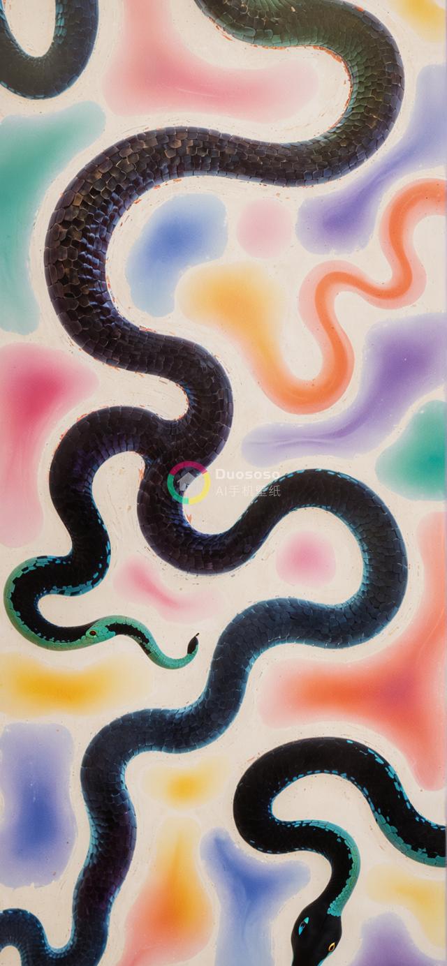彩鳞黑蛇交织动感摄影：对比色彩与质感构建视觉焦点