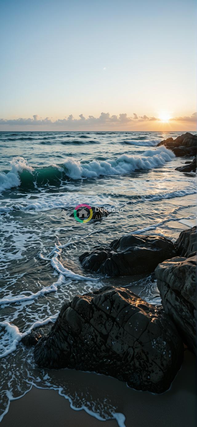 海浪与岩礁映衬下的蓝色橙渐变日出摄影