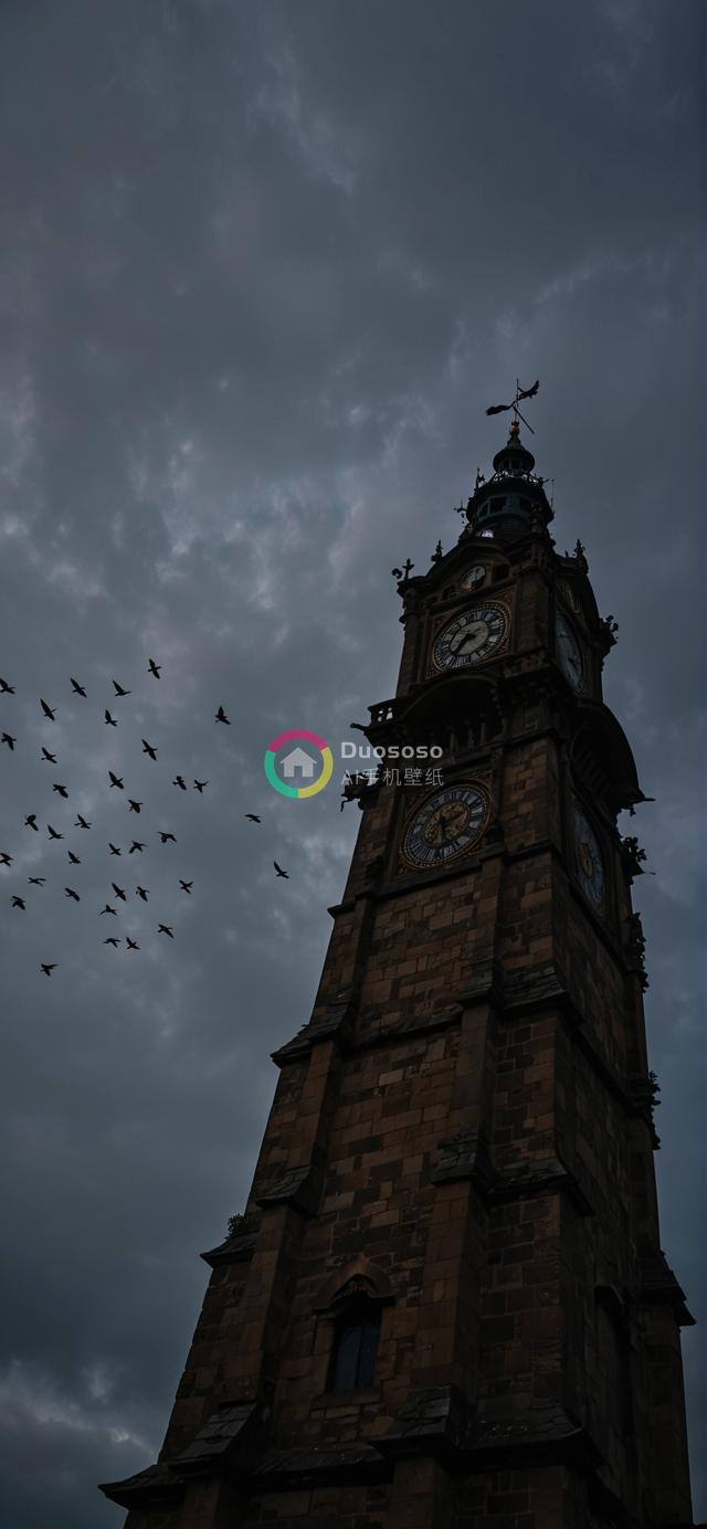 壮丽云霞下威严钟楼的神秘剪影摄影