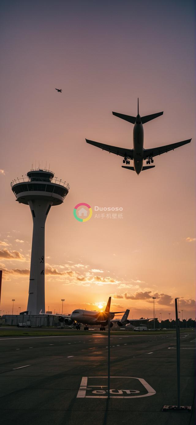 日落时分大型客机降落照：壮观剪影与温馨光影交织的机场景象