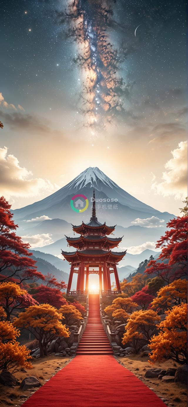 富士山壮丽风光：日式塔影与银河星光共绘秋日宁静