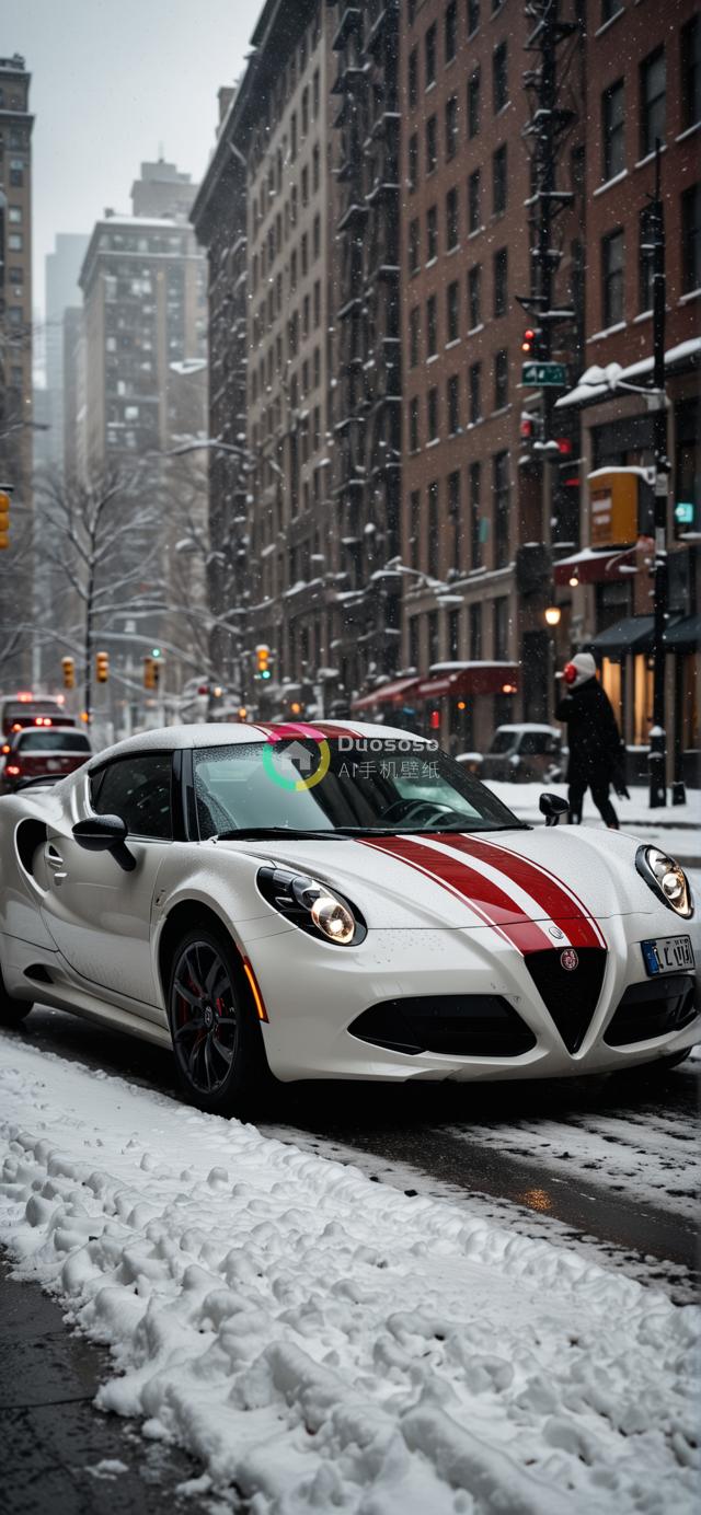 雪中都市里的白色阿尔法罗密欧跑车低角度摄影