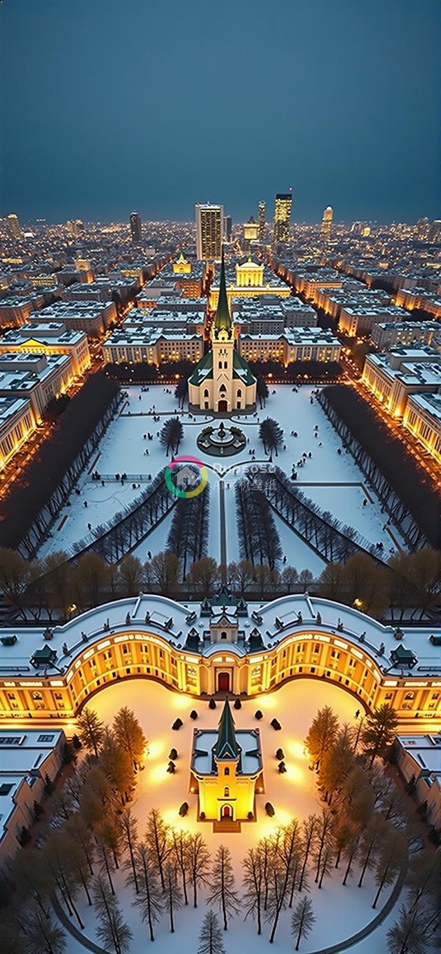 黄昏时白雪皑皑的鸟瞰图