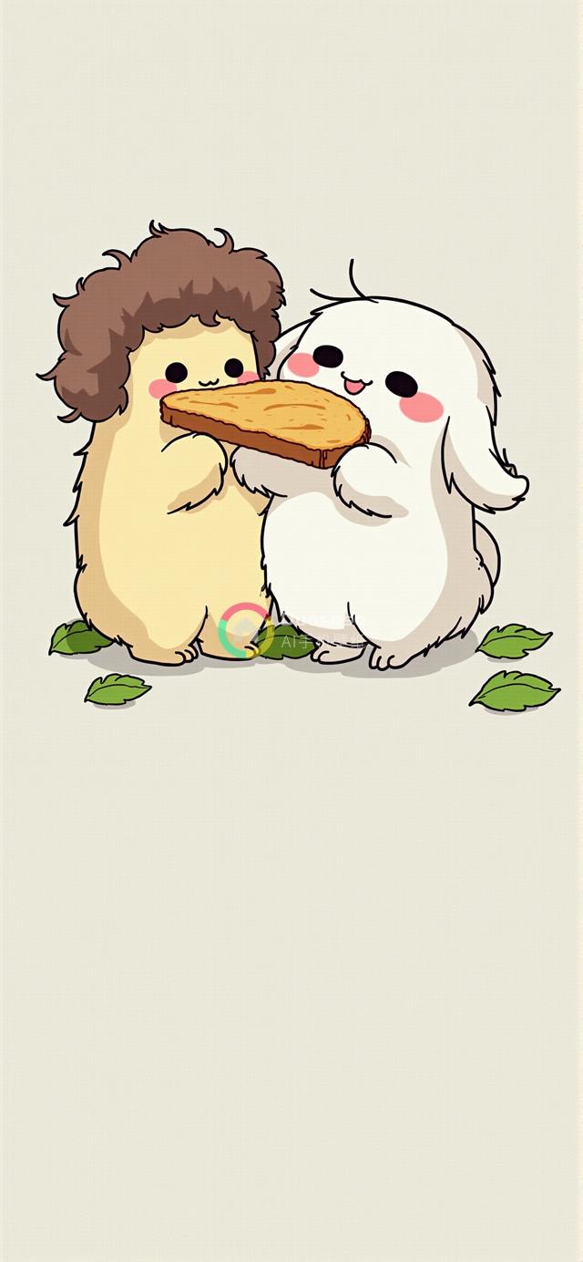 两只可爱动物分享 toast，类似熊和兔子的动漫风格