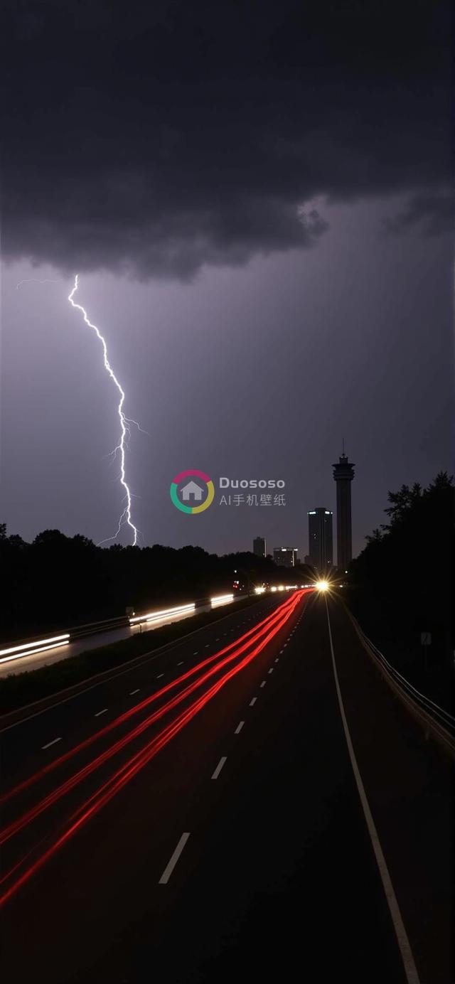 夜空下的壮丽雷暴景象，城市建筑的隐约轮廓