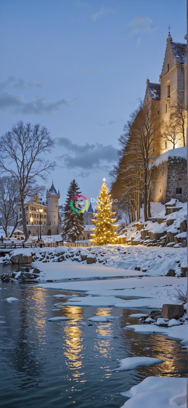 城堡前的若隐若现星光雪景
