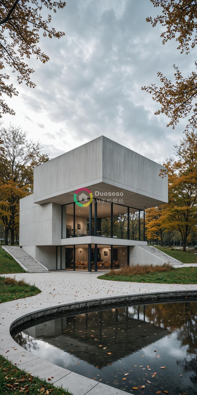 现代简约风混凝土立方形建筑，秋意盎然园林中 bending mirror water景致，视觉冲击力爆表！