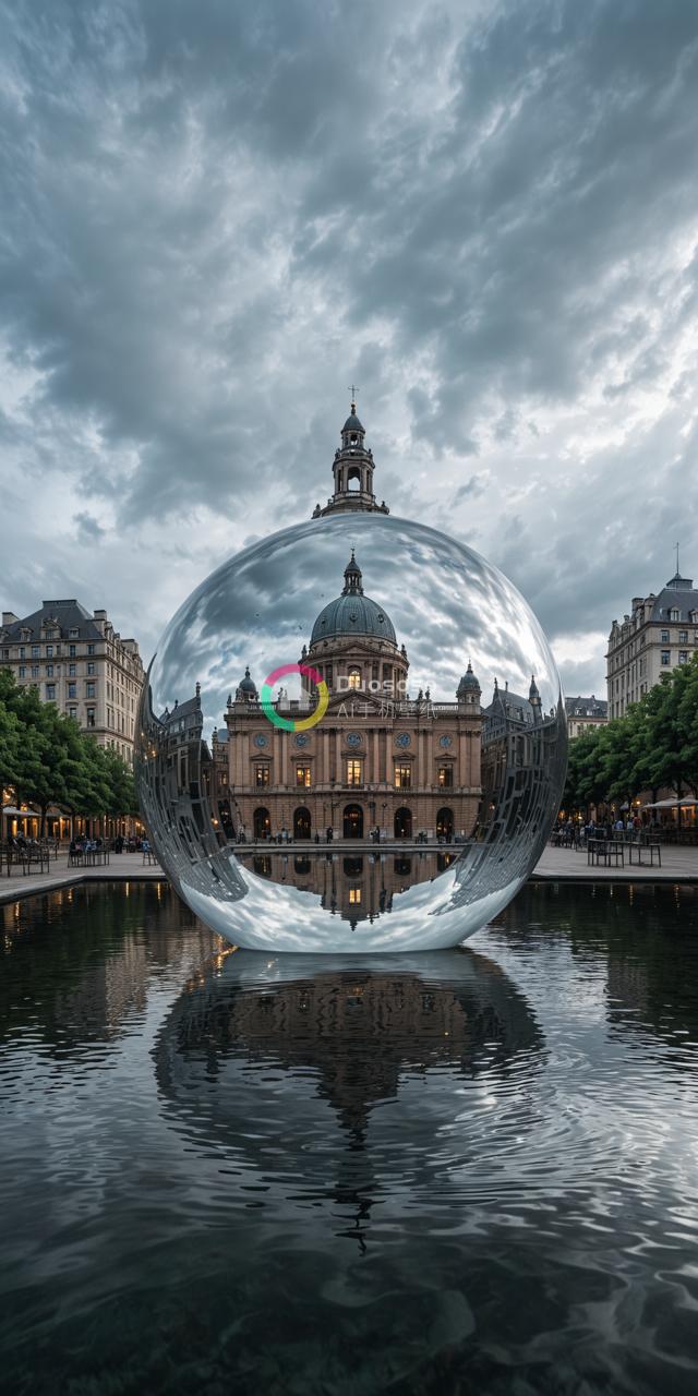 《大金属球与建筑的倒影》