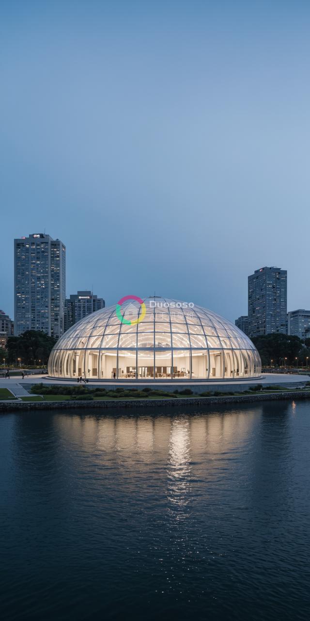 《玻璃穹顶下的现代建筑奇观：城市夜景中的对称与光影》