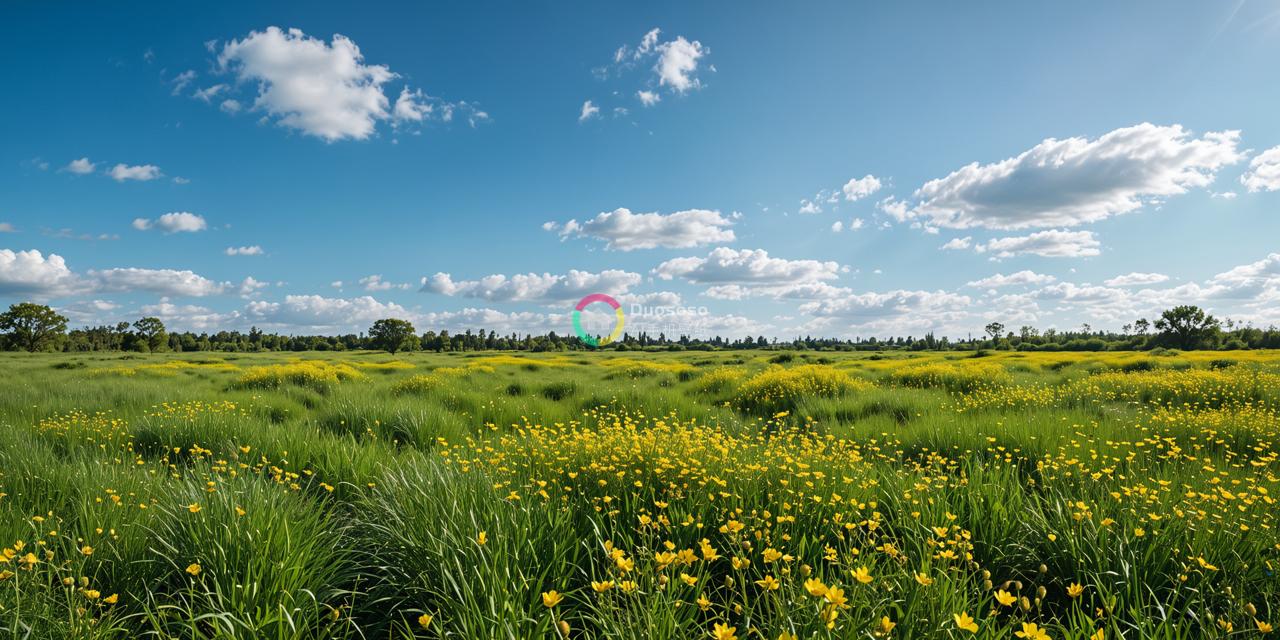 充满活力的暖日草地和花满的天空