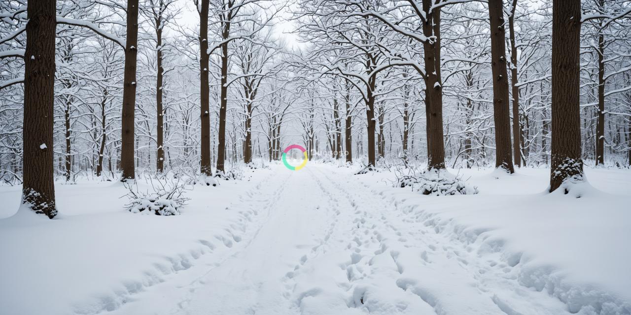 一片雪白的路径穿越密林，展现一个静谧的冬日景象，雪覆盖的道路纤细且纯净，两侧高耸的树木从地而生，枝叶堆积着积雪，素白的地面上无一人留下足迹，窗外的光线柔和，色调 muted 表现出冬日特有的宁静与孤立感。