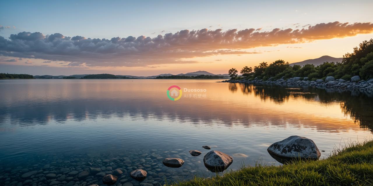 “夕阳下平静湖泊：色彩与温暖”