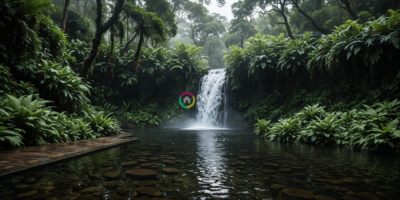《热带雨林中的一道静谧瀑布，其水势直冲而下，伴随着surrounding lush greenery和神秘的氛围》