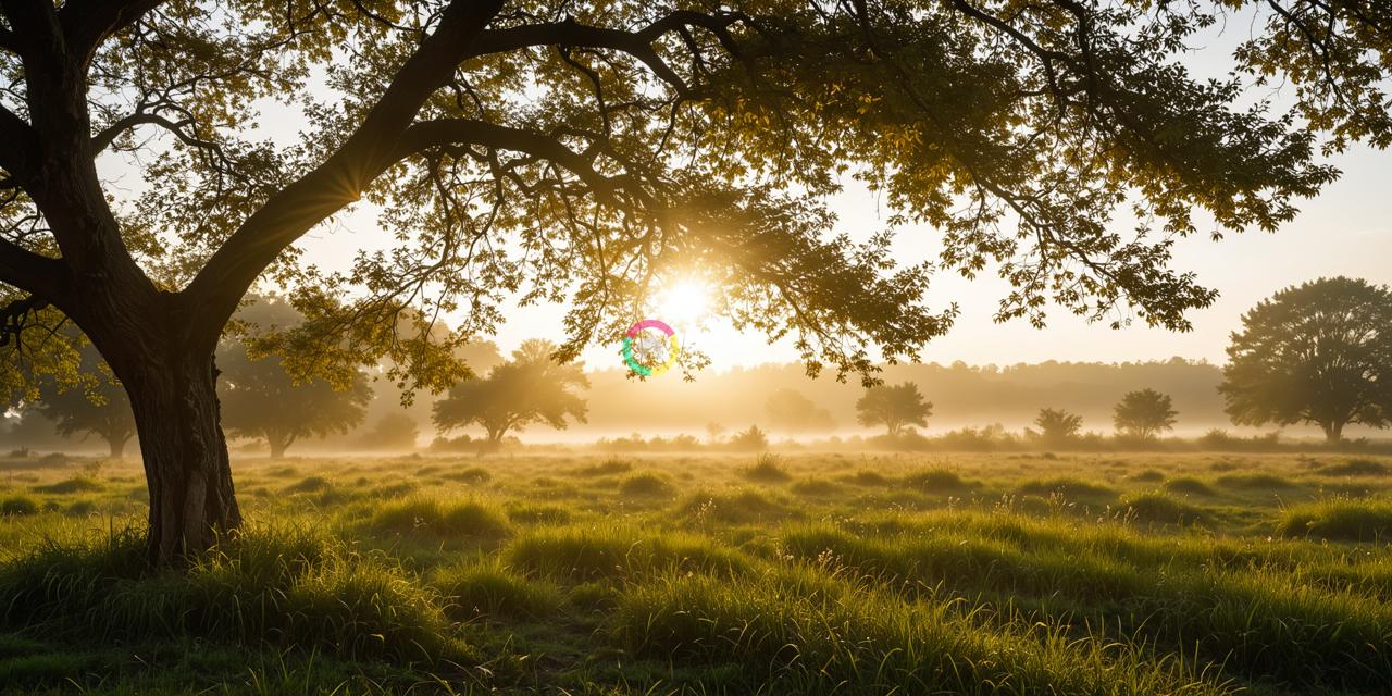 一片草地旁的宁静日出：金色阳光下的树影与微雾交织的诗意瞬间