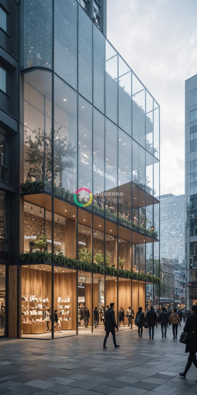 现代多层零售建筑玻璃外立面照片，每层木板与绿植相映衬，城市氛围浓厚