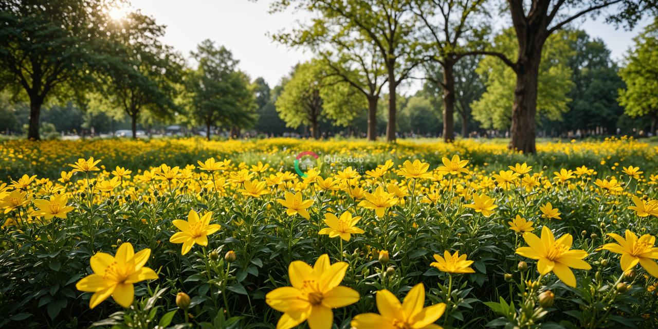 低角度 Fields 漂亮的黄花，密集的美丽温暖的金色，含蓄的绿意与宁静春日