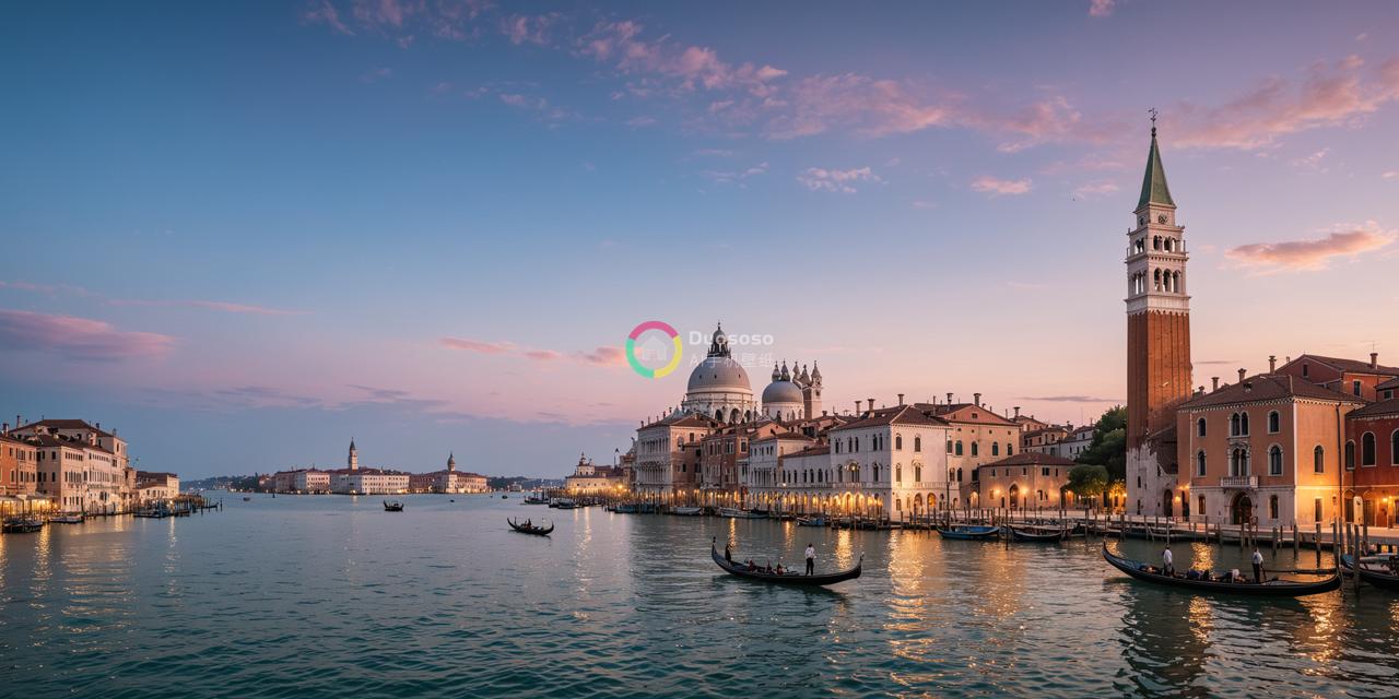 威尼斯大运河日落美景， bridges offer a captivating view of the iconic waterway dotted with historic buildings and gondolas, bathed in warm golden light from the setting sun. The sky displays a stunning blend of pink, orange, and blue hues, creating an serene and rom
