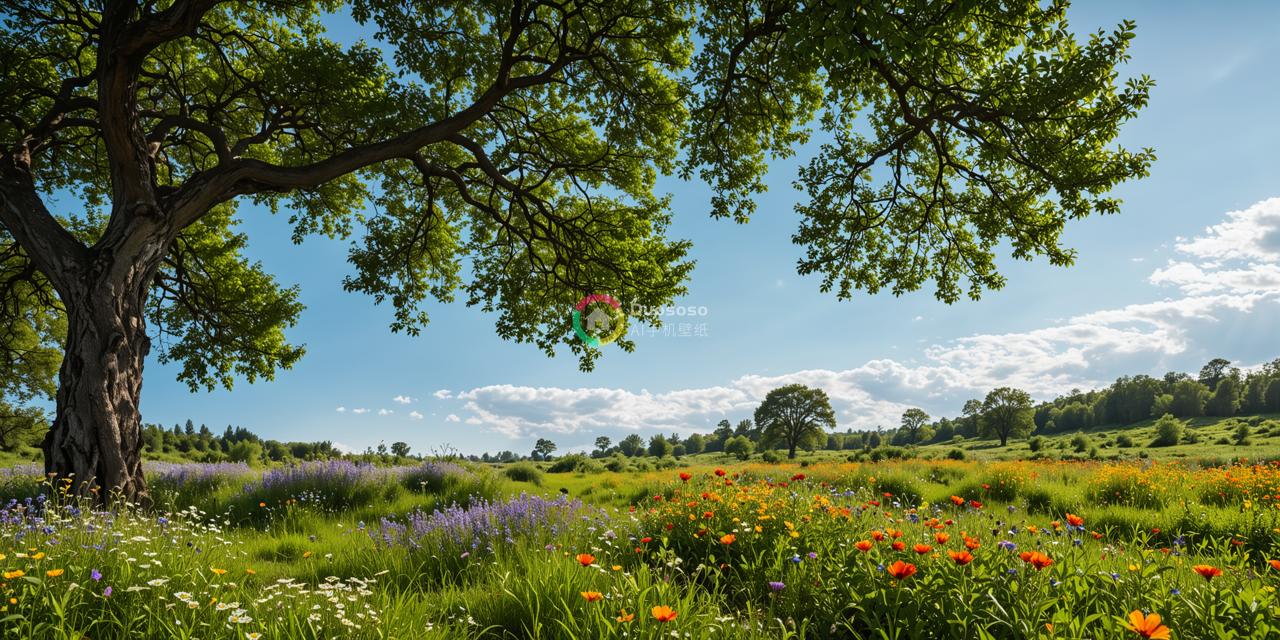 大片野花草地与壮丽森林在阳光中共舞