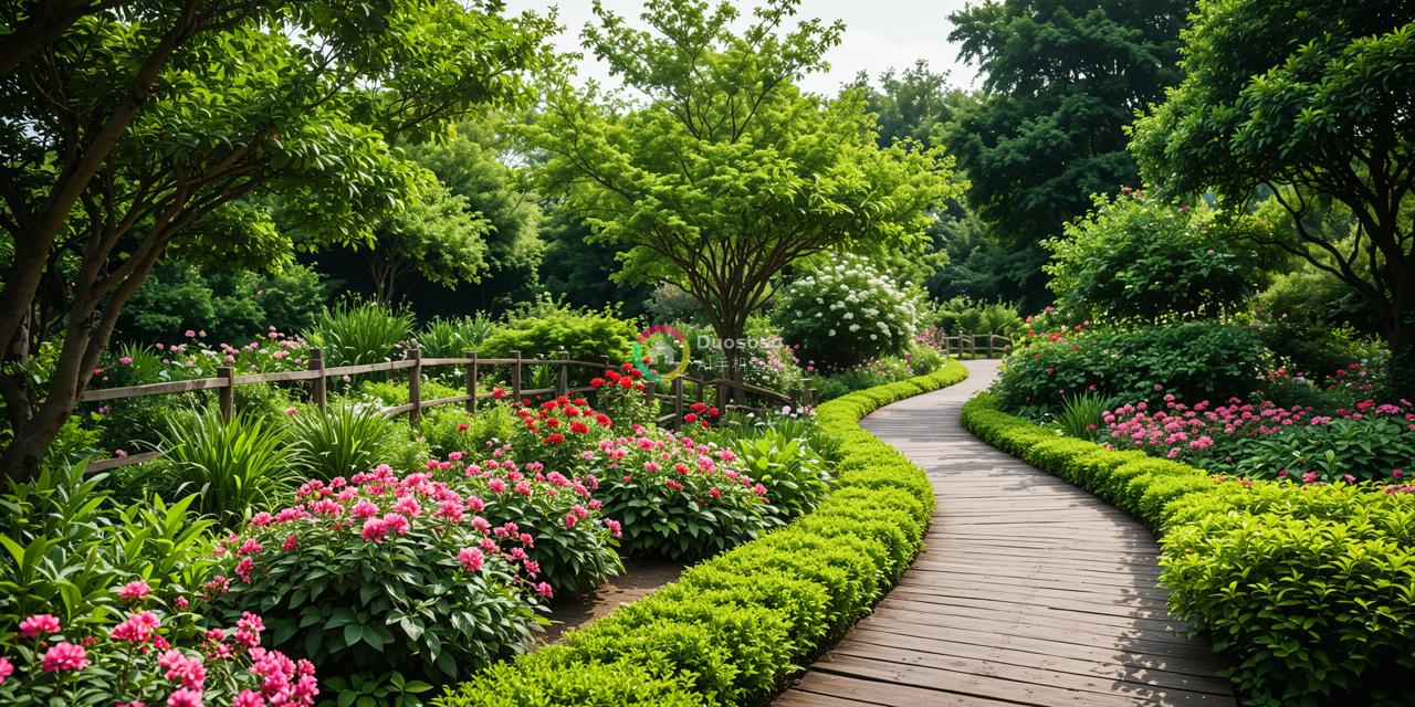 一片绿意盎然的花园，色彩斑斓的花朵盛开。蜿蜒的小路在温暖阳光中缓缓流淌，四周修剪整齐的树篱增添了宁静感，斑驳的树影与栅栏增添了一份 rustic 的魅力，自然带给人无尽的宁静与美好！