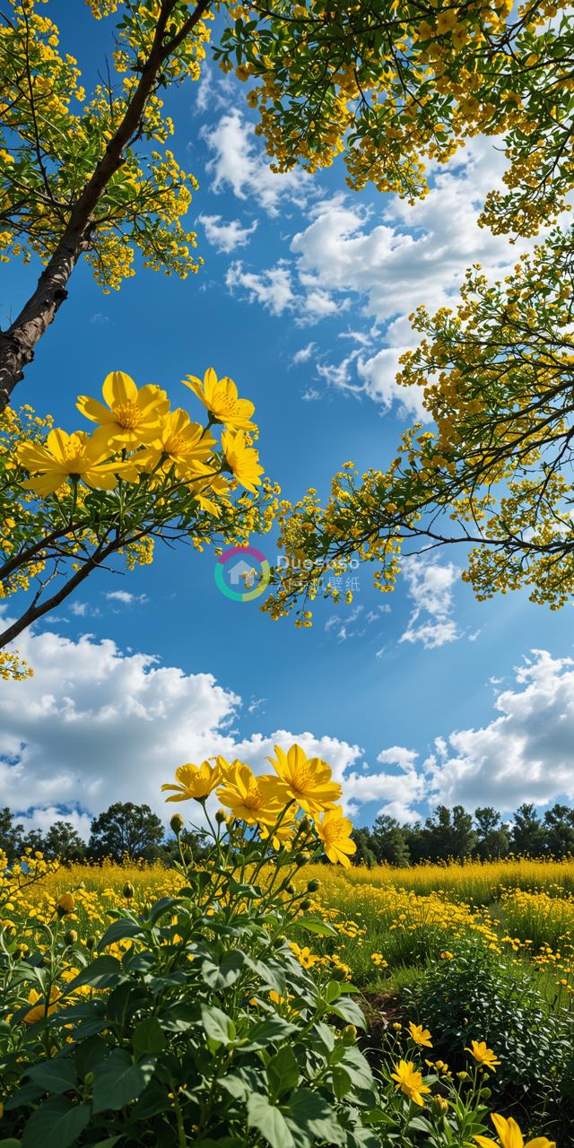 《金黄色花海鸟瞰蓝空》