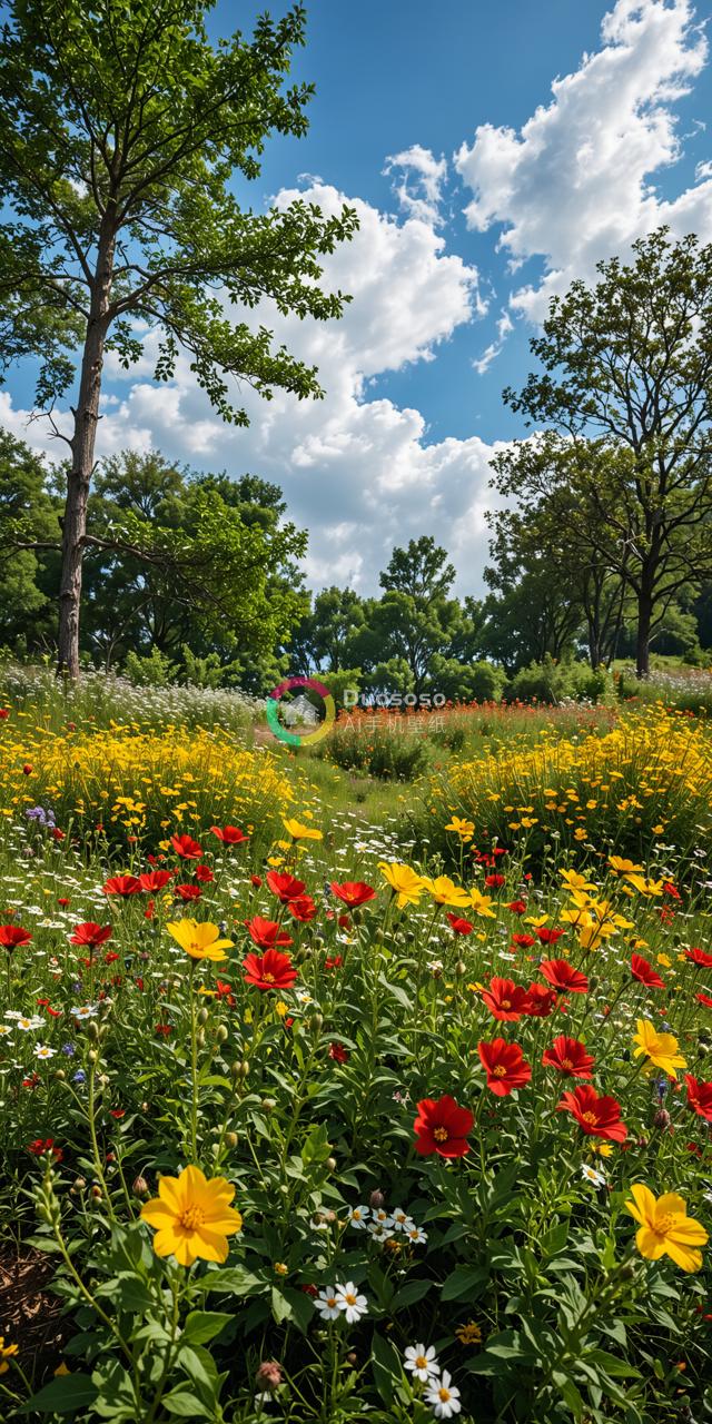 夏日清晨一片色彩斑斓的野花草地
