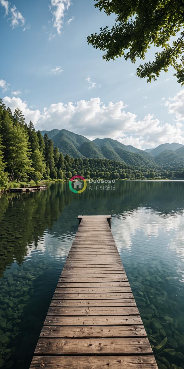 Stunning Serenity: Clear Lake with Wooden Dock and Majestic Mountains