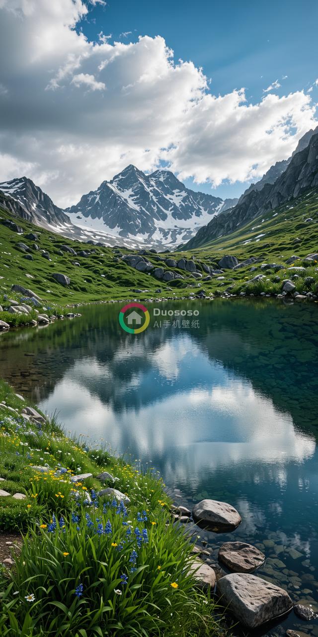 蓝天下方舟映照雪山，光影交织间更显阿尔卑斯之美