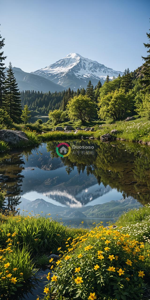 “雄伟雪峰映照在静谧湖水中的壮丽风景”