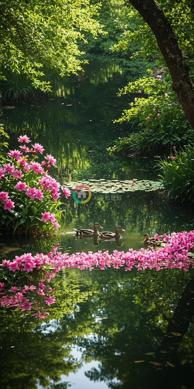 绿色花园宁静池塘：色彩鲜艳的粉色水 Lily 花朵与荷叶倒影