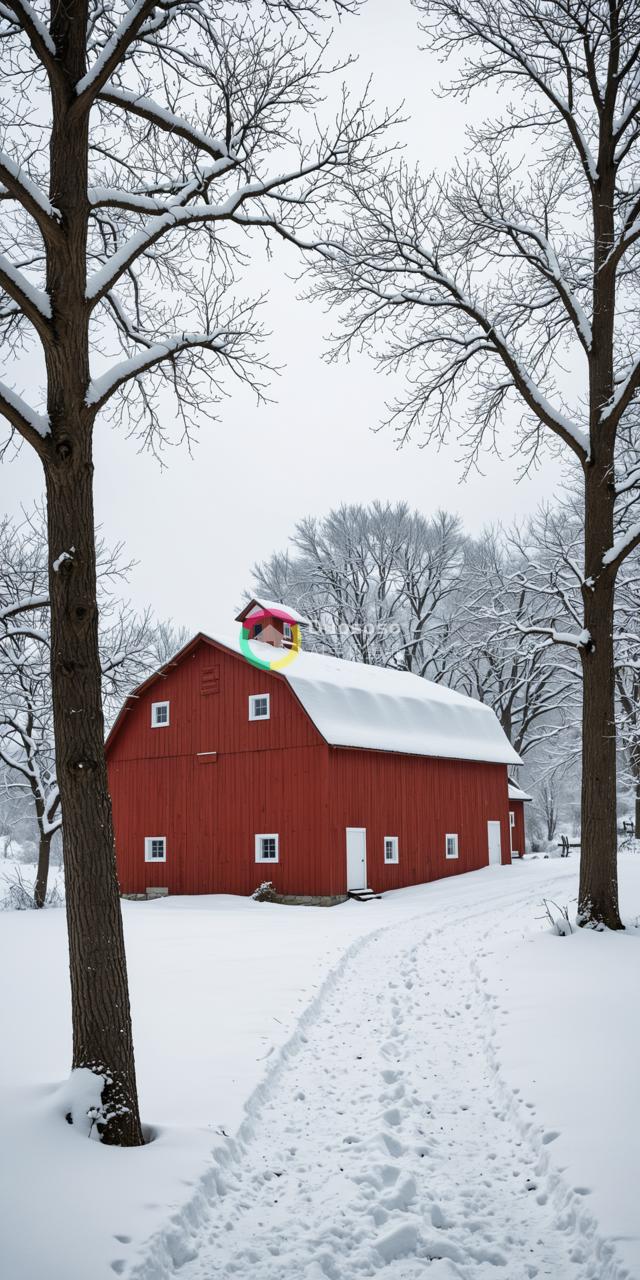 经典红房子冬日雪景，平衡构图