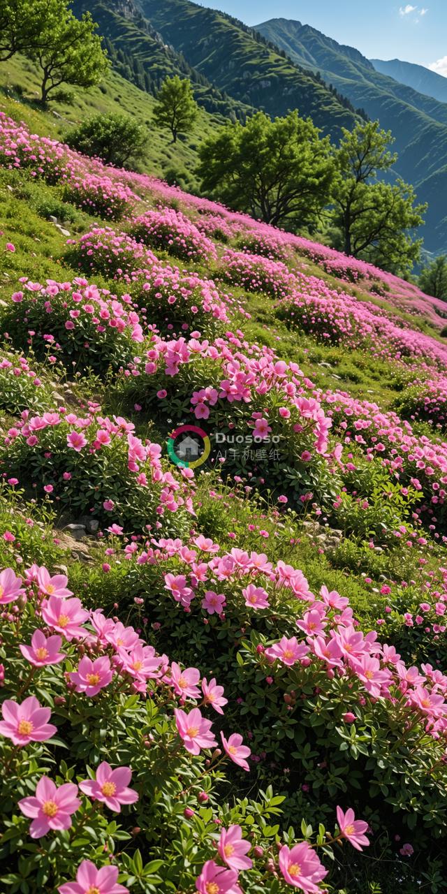《粉色花海·绿色与蓝色的诗意画卷》