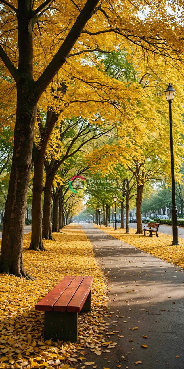 秋日林间小径，阳光洒满落叶与暖色