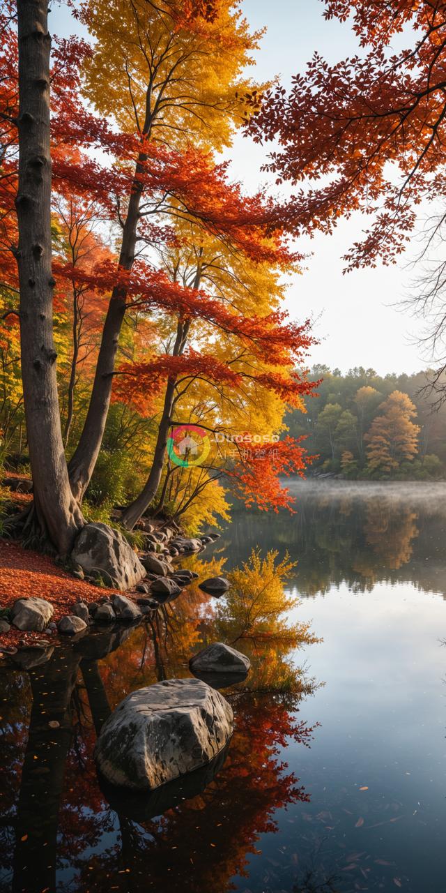 “秋日湖畔，红黄相映，静谧和谐”