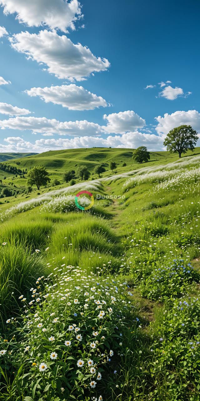 “一片充满生机的绿色山丘，带来宁静与自然之美”。