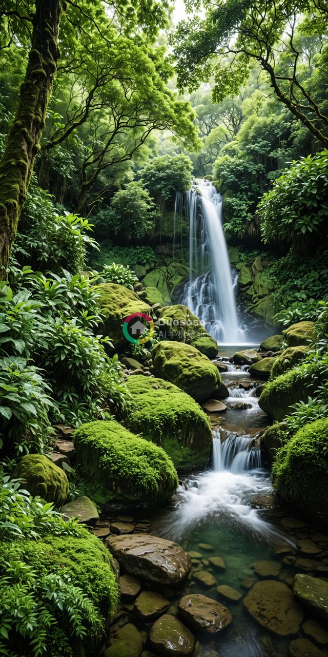 《 cascading waterfall in lush green forest》