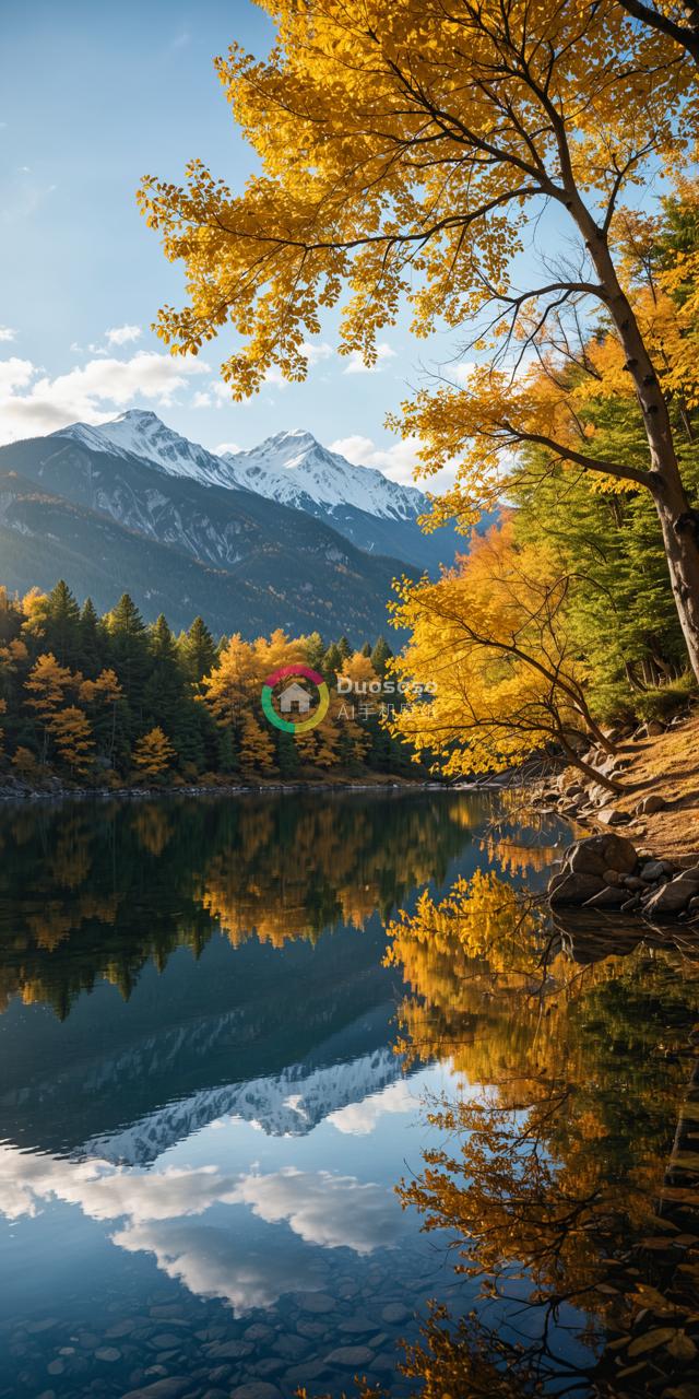 秋日山湖景色： Aspen 颗色金黄环绕，雪峰与蓝天蓝相映成趣