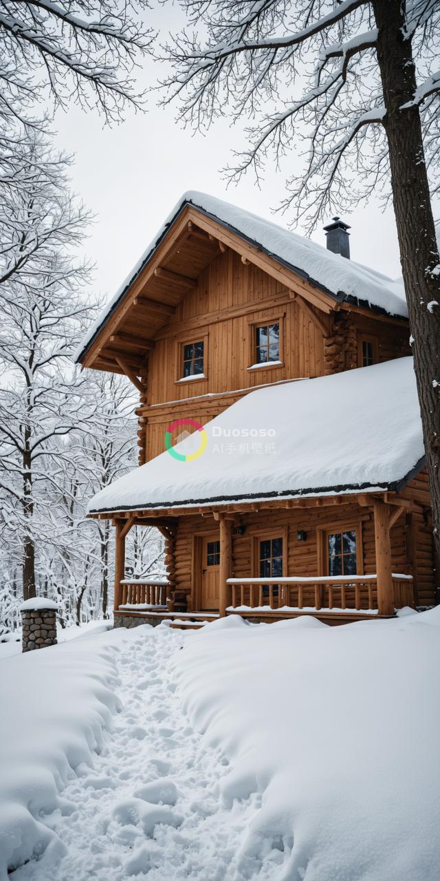 “冬日雪景：一幢静默的木屋与冬日的孤寂”